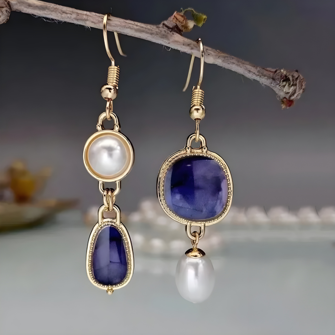 Nevena - Pendientes Vintage Con Piedra Azul y Perla