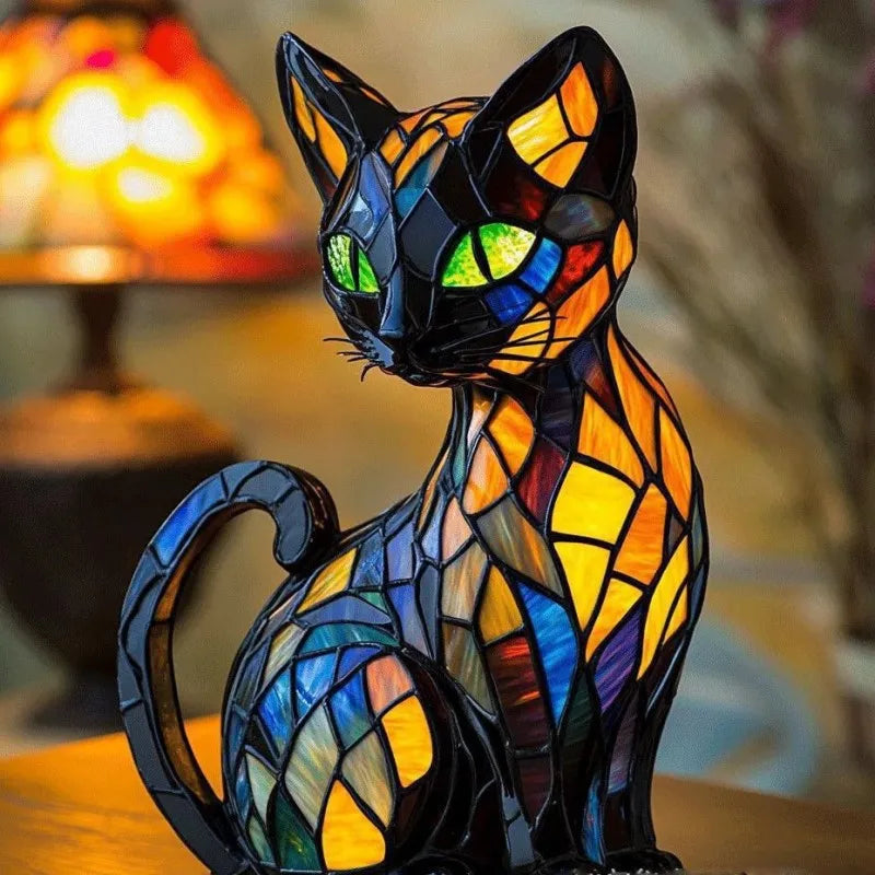 GlowEyes - Elegante Lámpara De Mesa Con Gato De Vidrio Tintado