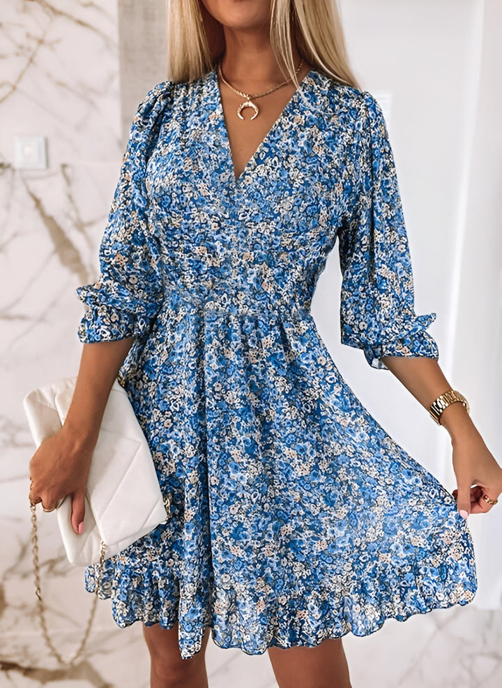 Devika - Elegante Vestido De Verano Con Cuello En V y Mangas Abullonadas