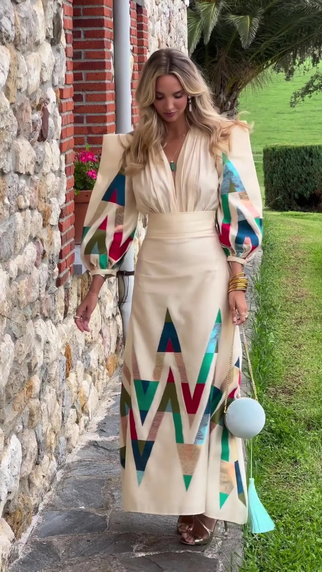 Eleni - Conjunto de 2 Piezas con Cuello en V Estampado