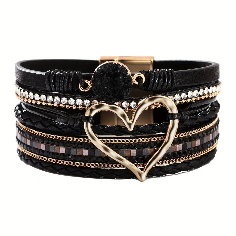 Joely - Pulsera De Cuero Multicapa Con Diseño De Corazón