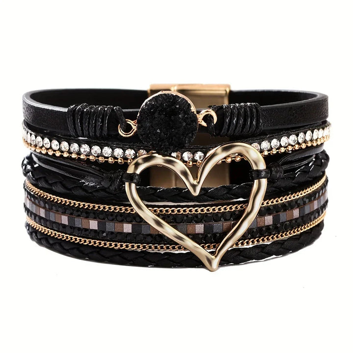 Joely - Pulsera De Cuero Multicapa Con Diseño De Corazón