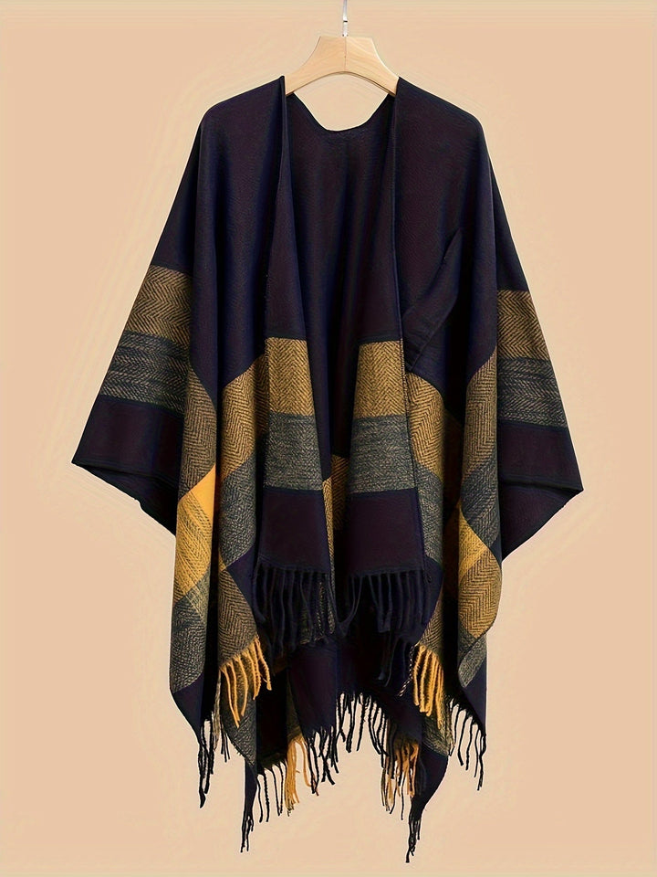 Kyrine - Poncho Chal Con Flecos Y Estampado Geométrico