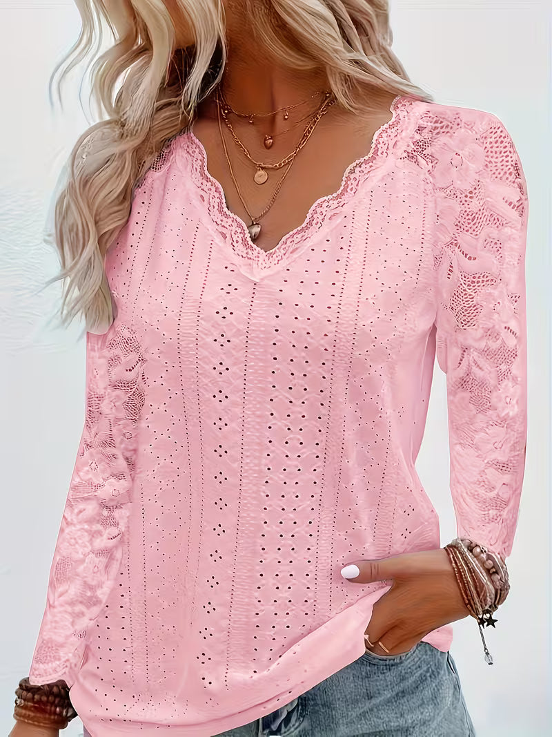 Shaleva - Elegante Camisa de Manga Larga Con Cuello en V de Encaje