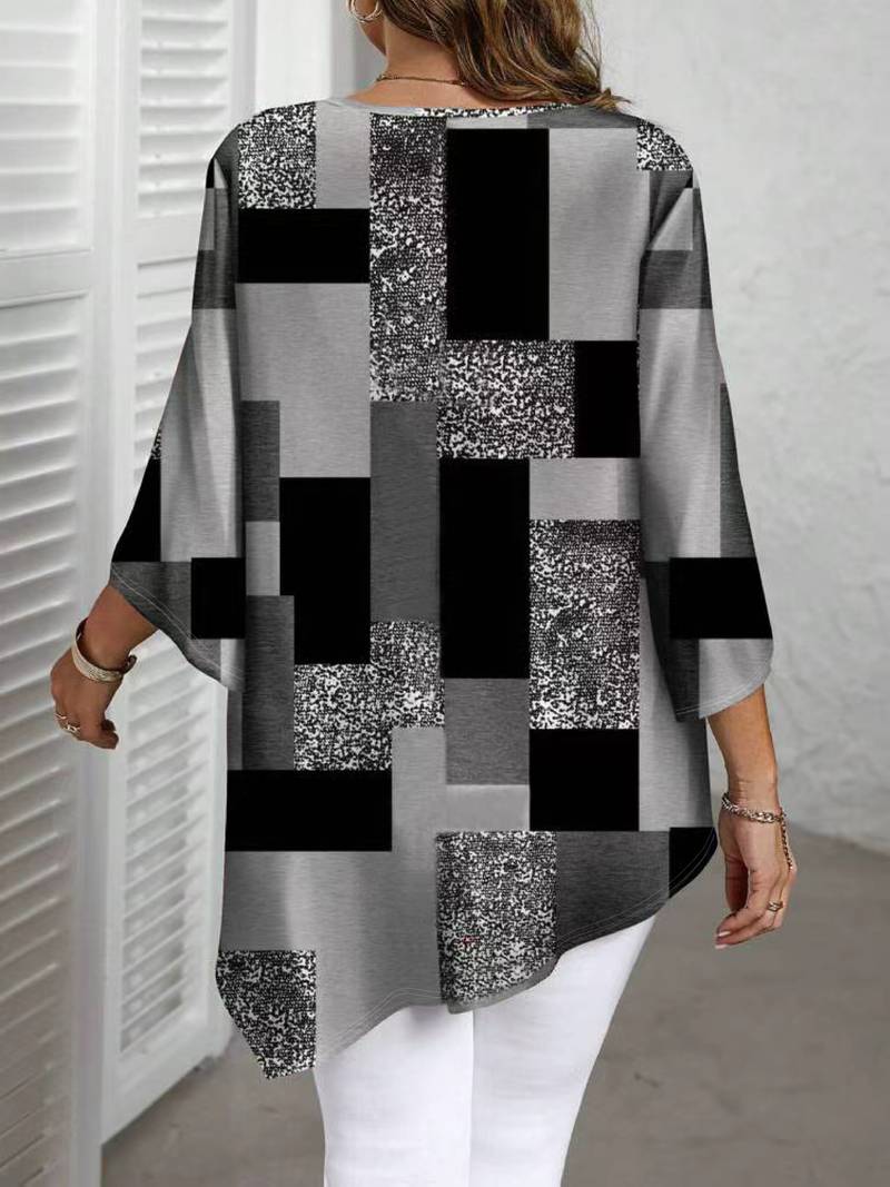 Nurit - Blusa Oversize Estampada a Cuadros Con Manga Corta