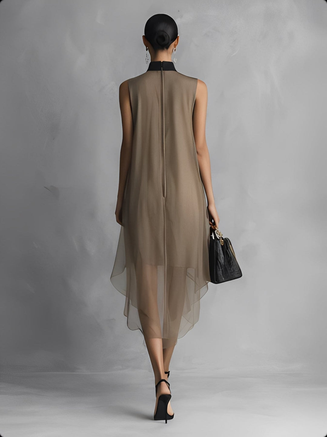 Yupha - Vestido MIDI Asimétrico De Cuello Alto Y Tejido Transparente