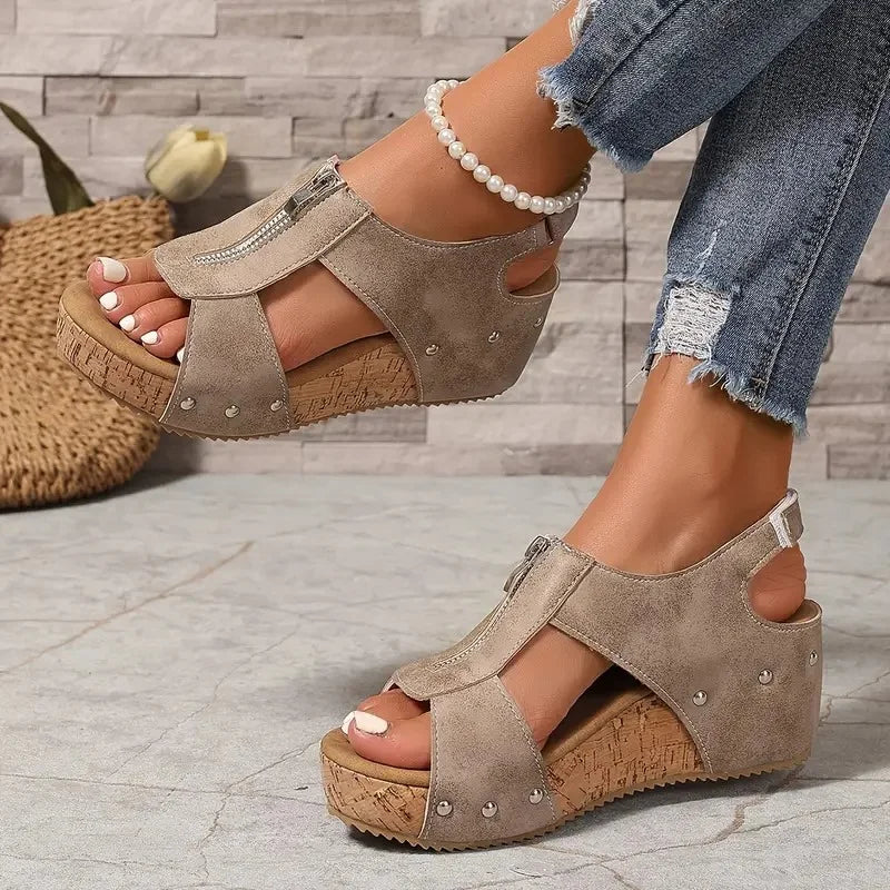 Evridiki - Elegantes Sandalias De Cuña Con Cremallera