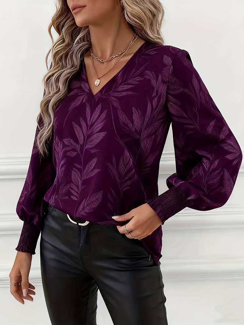 Ruchama - Elegante Blusa de Manga Larga Con Estampado de Hojas