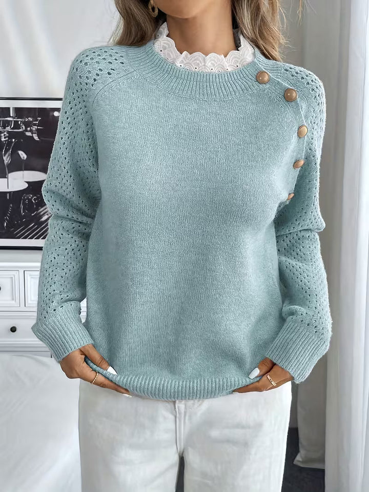 Oliwiaa - Jersey De Encaje De Cuello Redondo Y Manga Larga