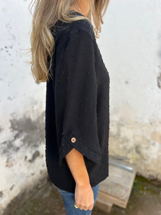 Lyutsiya - Cuello Redondo Bordado Puños Grandes Camisa Casual