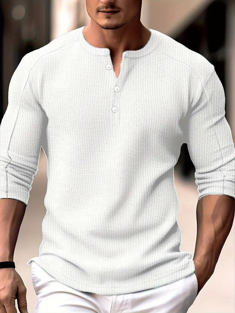 Biden - Camisa De Manga Larga Con Cuello Henley Y Tejido De Punto Waffle