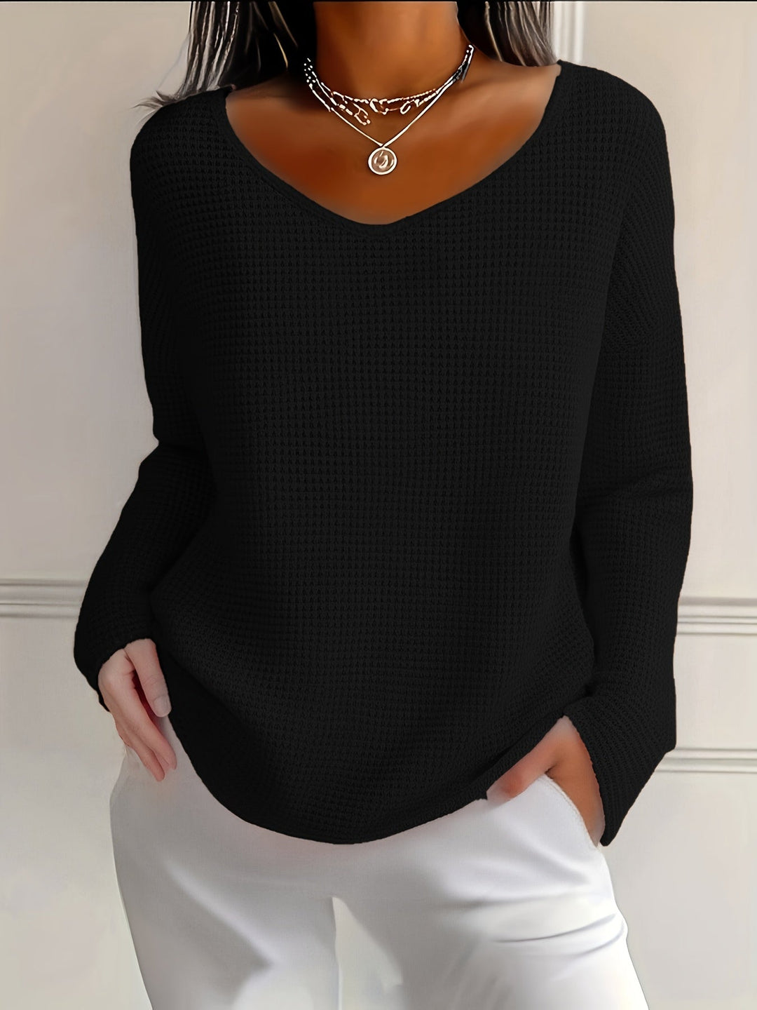 Bernice - Camiseta De Manga Larga Con Cuello en V Y Tejido Tipo Gofre