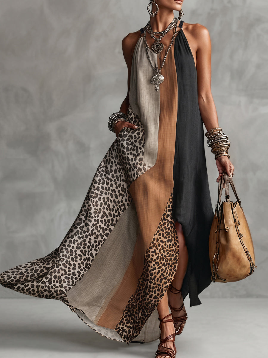 Terina - Vestido Largo Con Paneles De Estampado De Leopardo