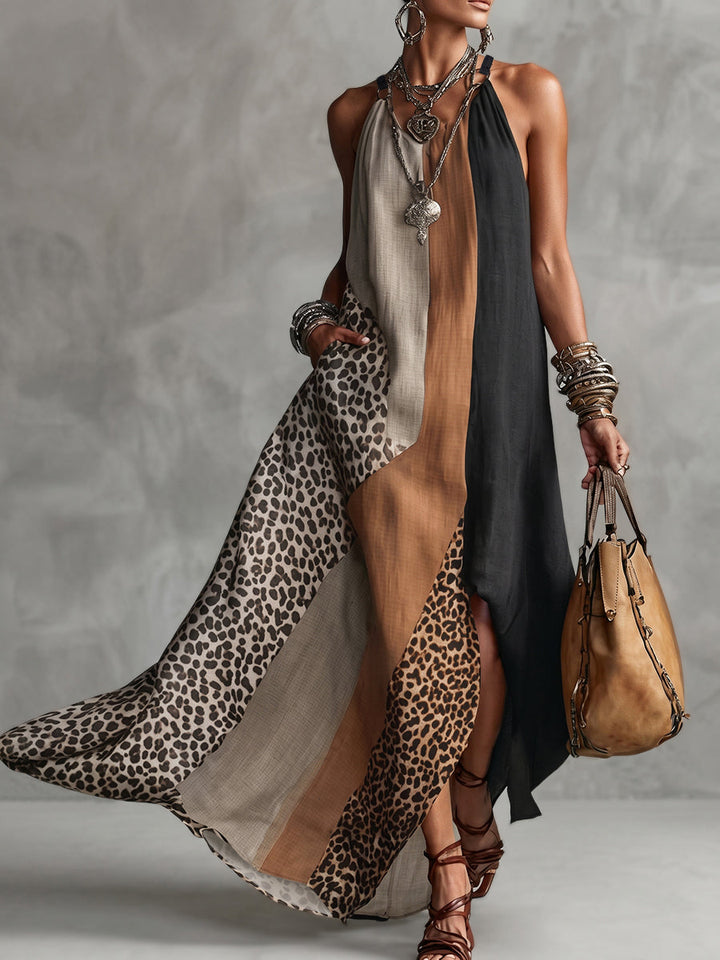 Terina - Vestido Largo Con Paneles De Estampado De Leopardo