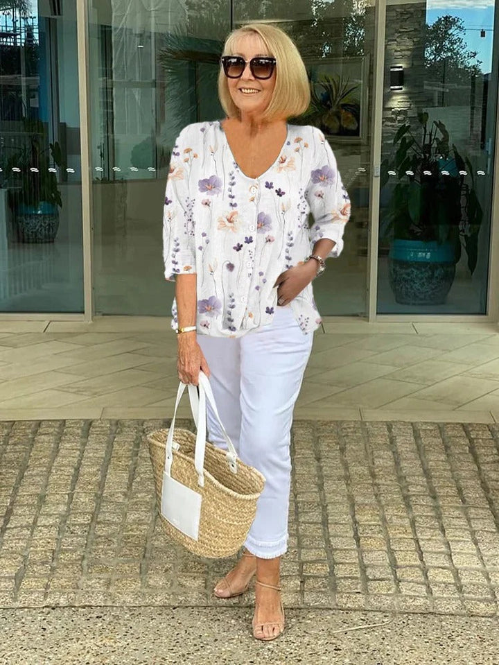 Teresa - Elegante Floral Blouse Con Botón