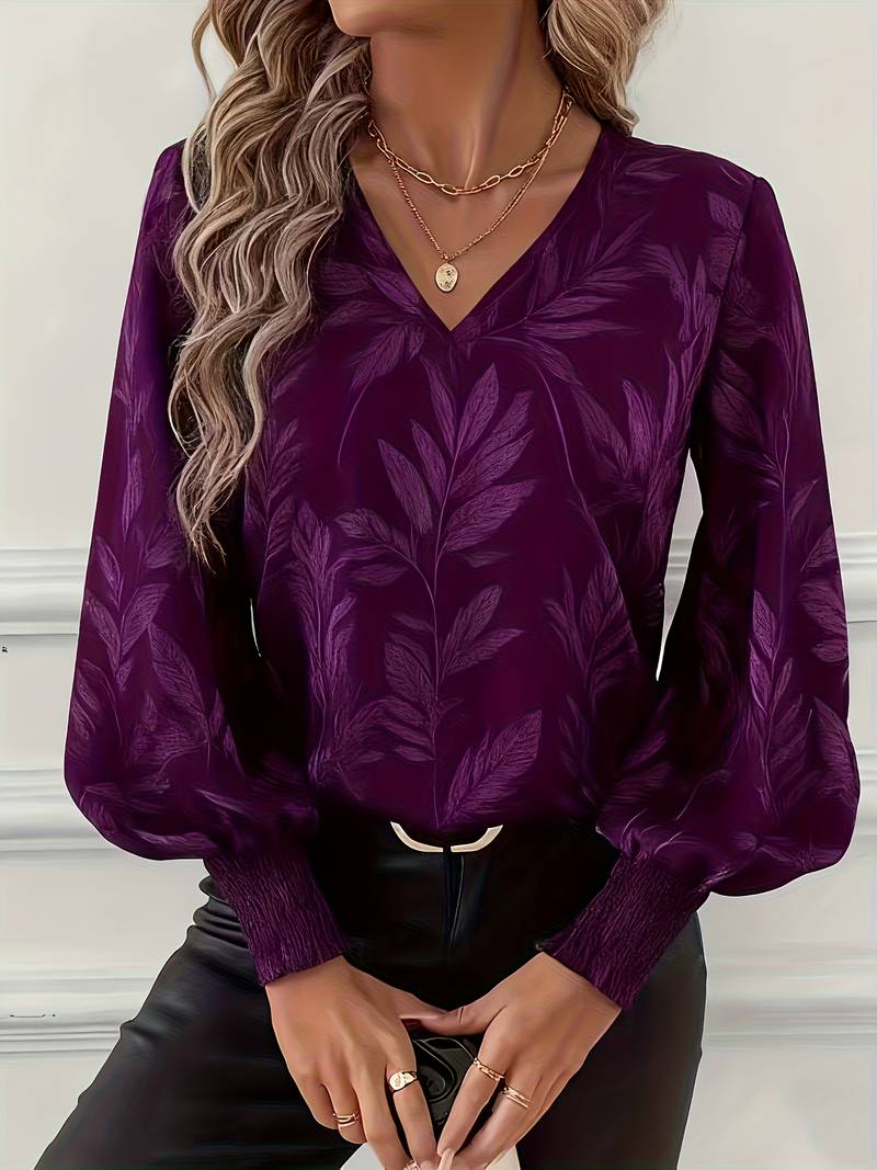 Ruchama - Elegante Blusa de Manga Larga Con Estampado de Hojas
