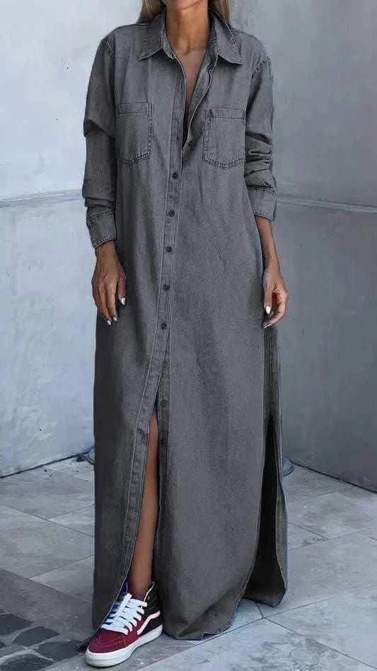 Vallina - Vaqueros Manga Larga Vestido Con Solapa