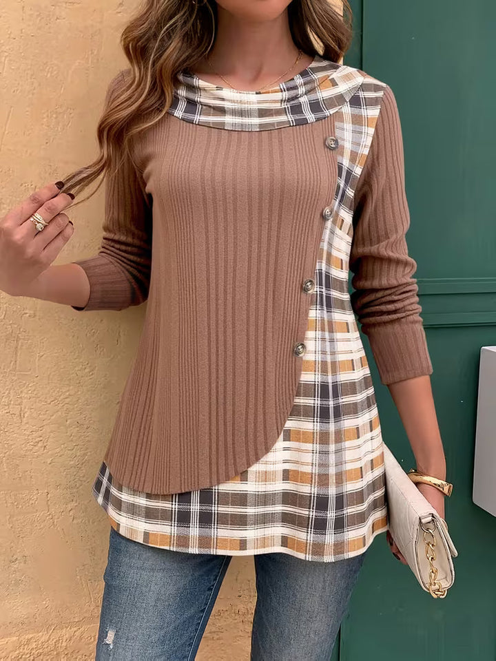 Lucynda - Top Estampado de Anga Larga Con Detalle de Botones y Diseño Acanalado