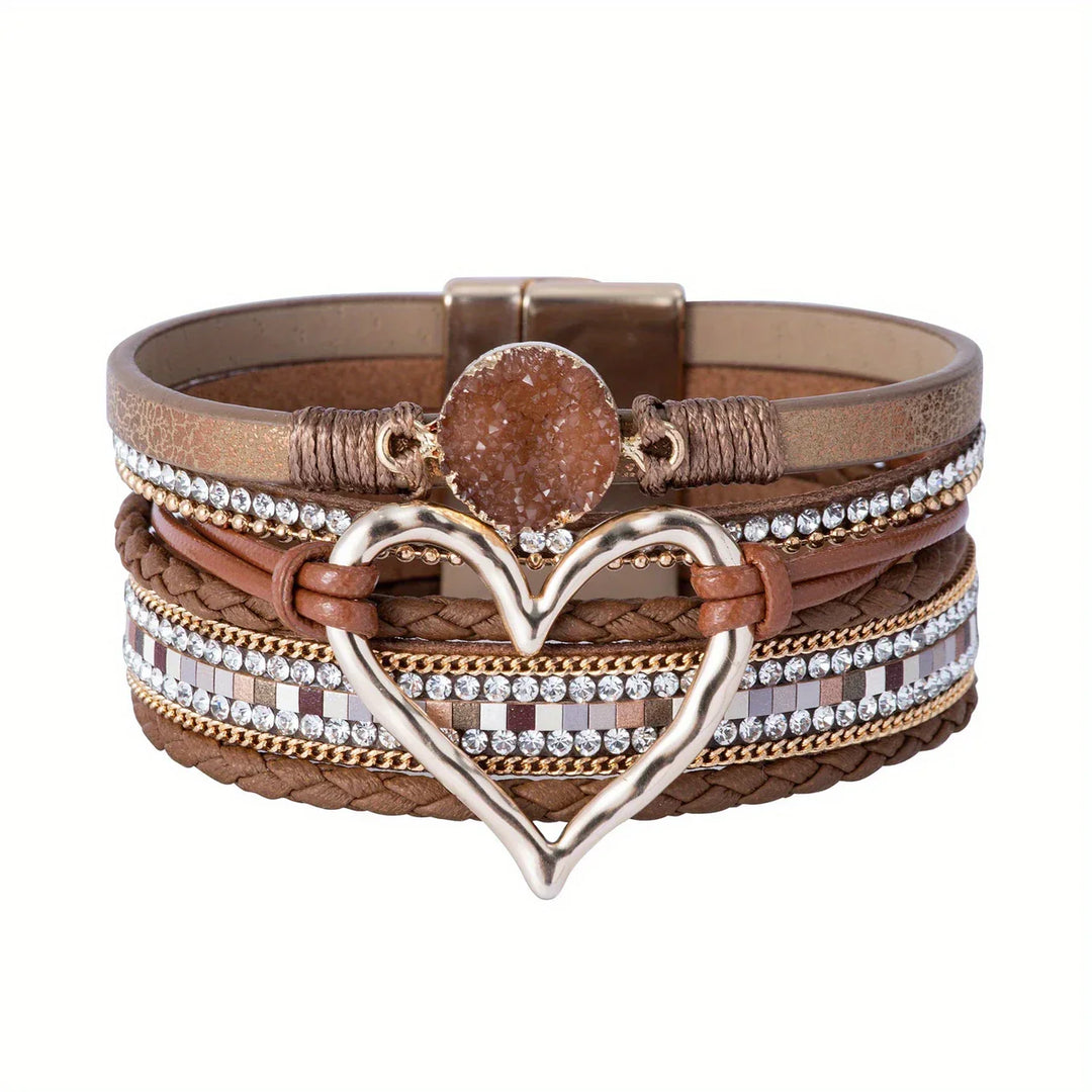Joely - Pulsera De Cuero Multicapa Con Diseño De Corazón