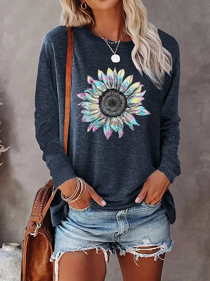 Levine - Elegante Top Túnica de Manga Larga Con Estampado De Girasoles