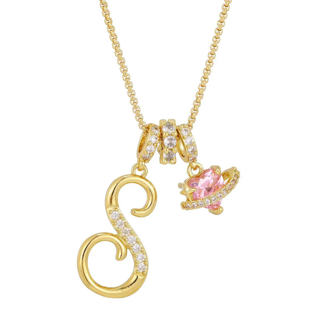 Nerute - Collar Con Inicial y Colgante de Corazón Rosa
