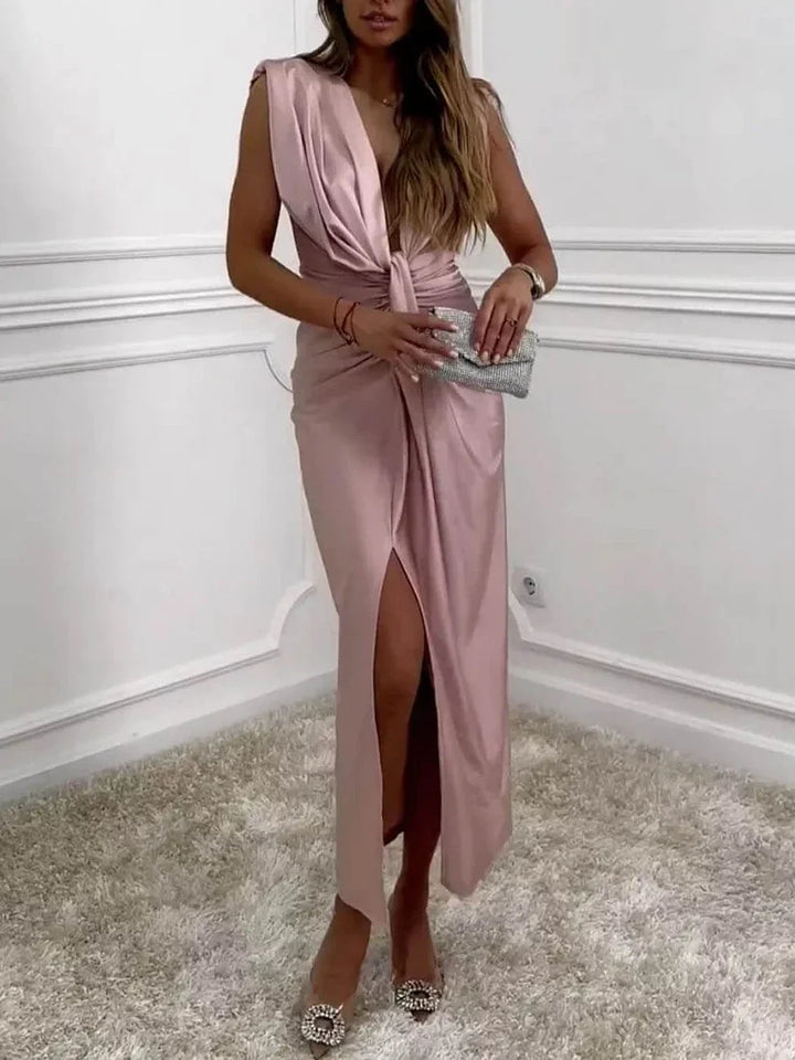 Jolira - Vestido Midi Clásico Con Abertura Drapeada Fruncida