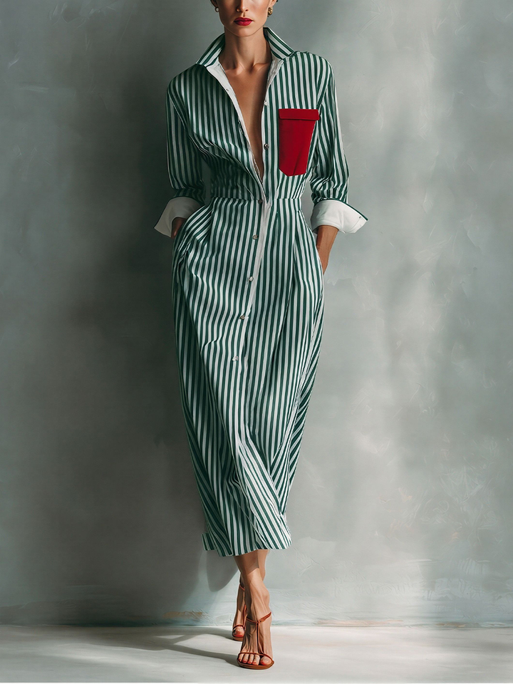 Makeda - Vestido Camisero a Rayas Con Bolsillo en El Pecho