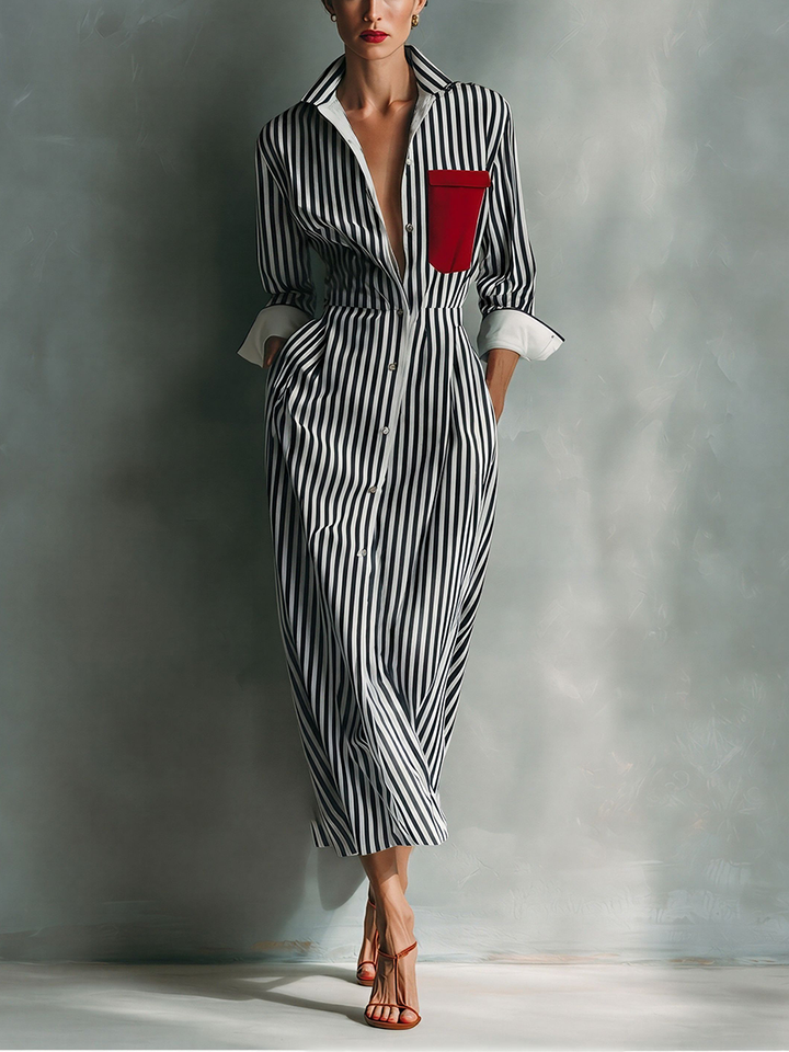 Makeda - Vestido Camisero a Rayas Con Bolsillo en El Pecho