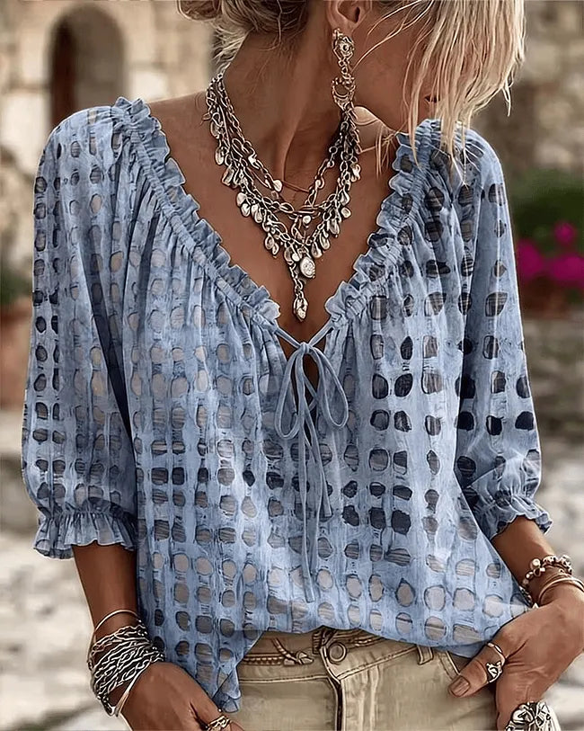 Orlyna - Blusa De Lunares Con Cordones Y Cuello en V