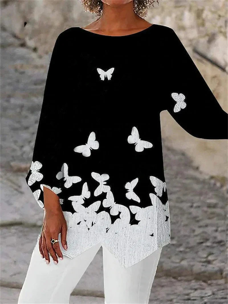 Soraya - Cuello redondo Y Manga Larga Camisa Estampada