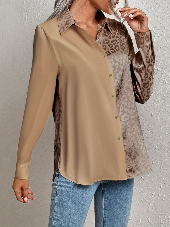 Gwendolyn - Camisa Abotonada De Satén Bicolor Con Estampado De Leopardo En Jacquard