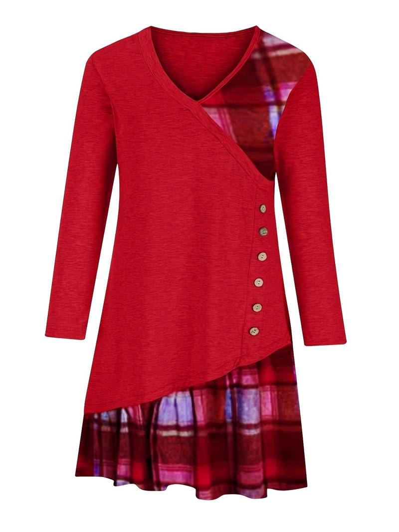 Alinor - Vestido Informal de Manga Larga Con Estampado de Cuadros y Patchwork