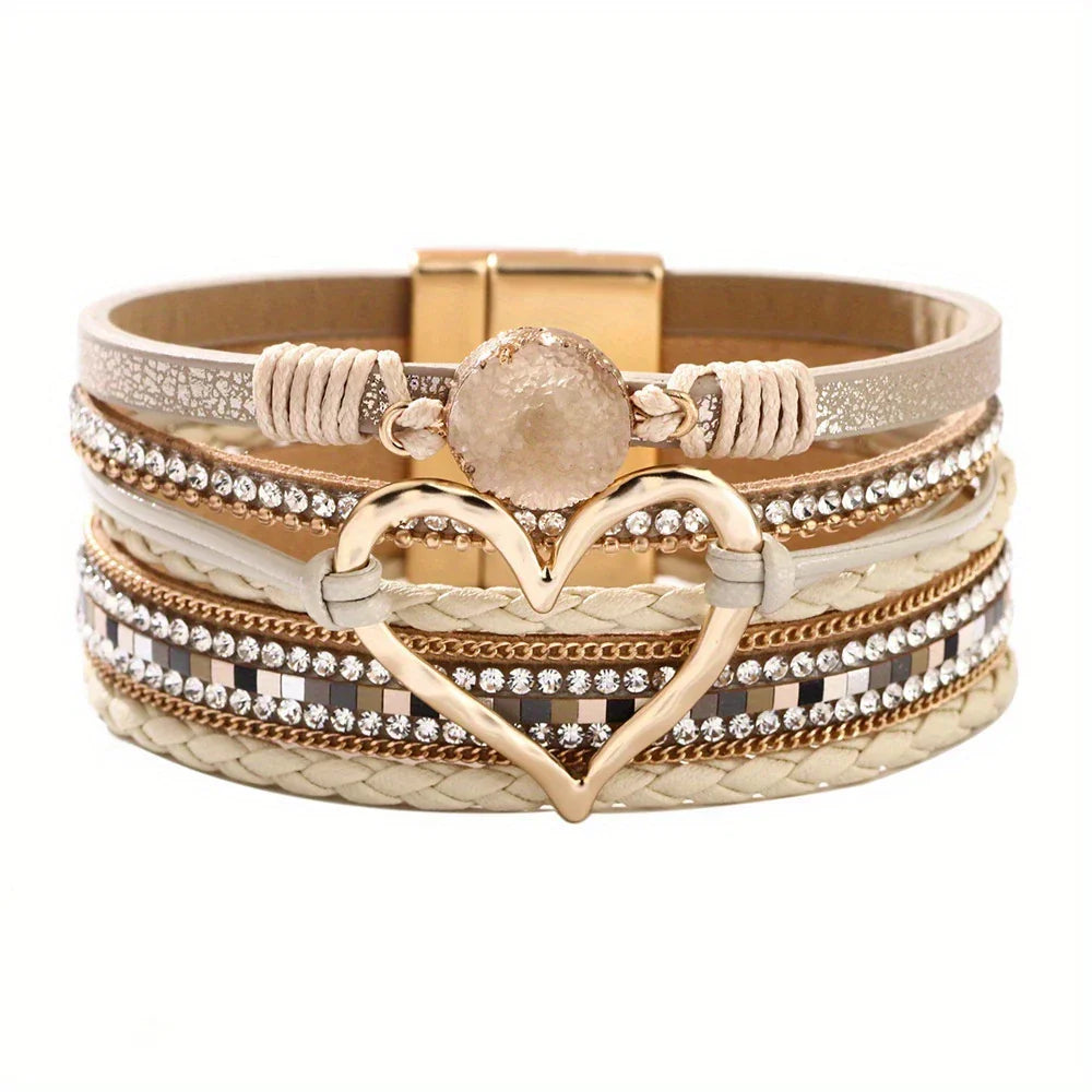 Joely - Pulsera De Cuero Multicapa Con Diseño De Corazón