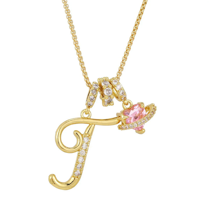 Nerute - Collar Con Inicial y Colgante de Corazón Rosa