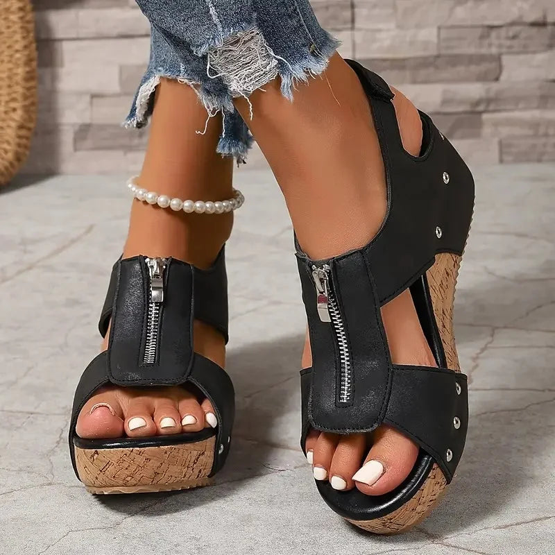 Evridiki - Elegantes Sandalias De Cuña Con Cremallera