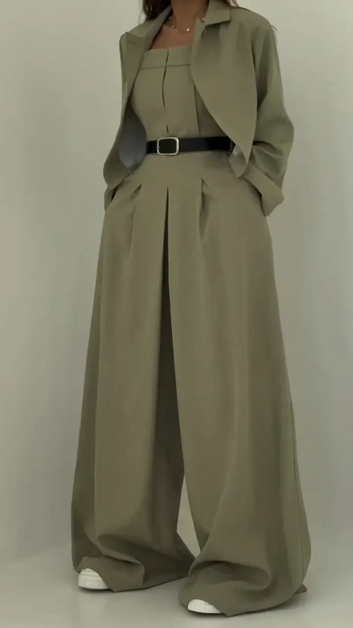 Lavara - Conjunto De Blazer Corto y Pantalón Ancho