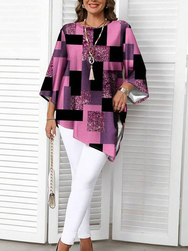 Nurit - Blusa Oversize Estampada a Cuadros Con Manga Corta