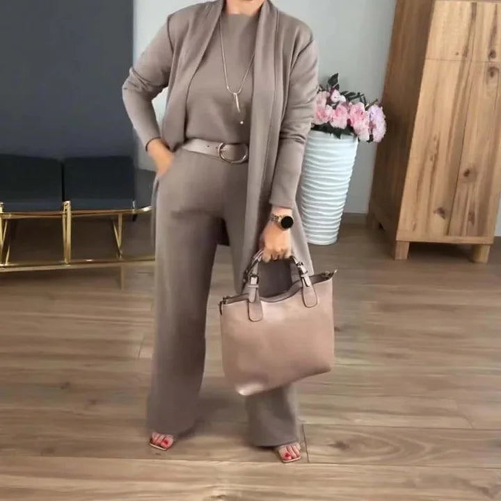 Zivara - Elegante Conjunto de 3 Piezas Con Cárdigan Largo Top y Pantalón