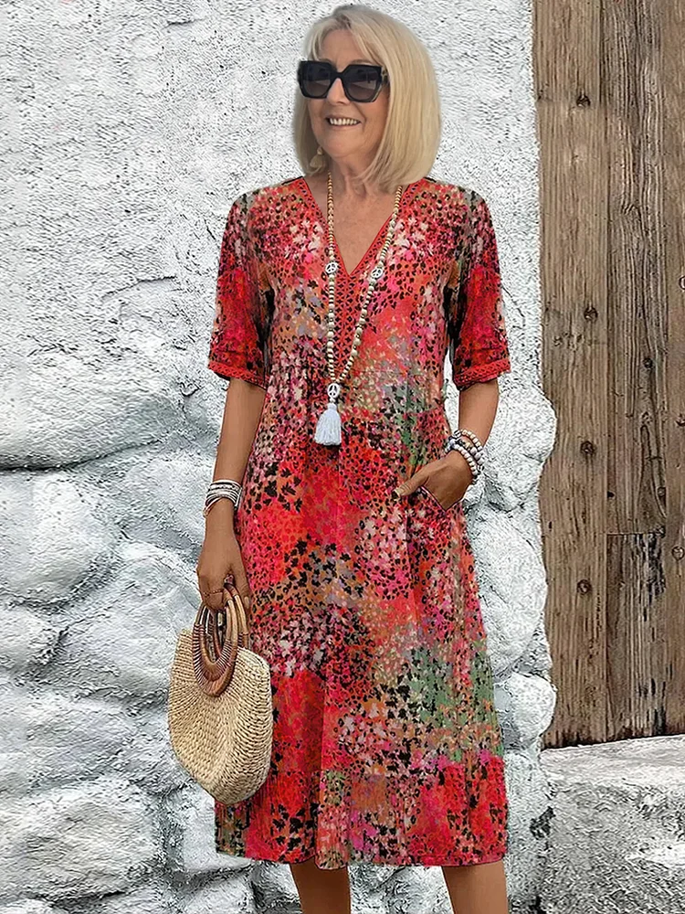 Kimano - Vestido Estampado De Manga Corta y Largo Hasta La Mitad De La Pantorrilla