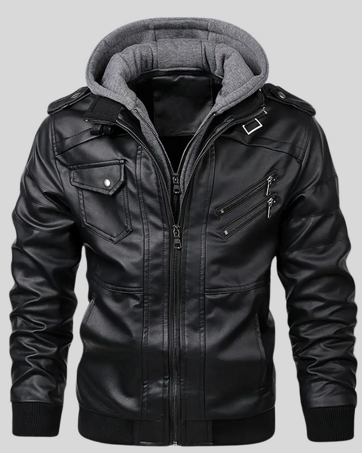 Davor - Chaqueta De Cuero Con Capucha y Doble Cremallera