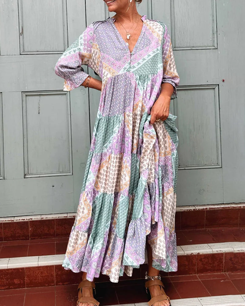 Gunilla -  Vestido Estampado con Cuello de Pico