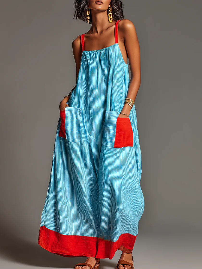 Sallina - Vestido Largo a Rayas Con Detalles En Rojo