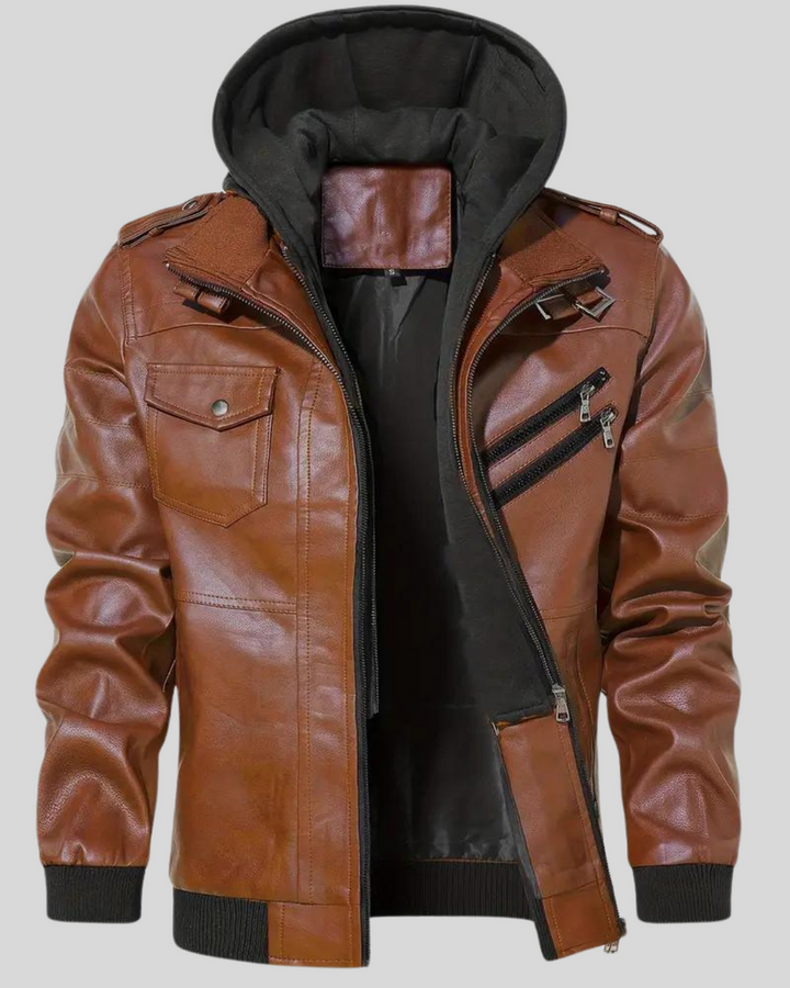 Davor - Chaqueta De Cuero Con Capucha y Doble Cremallera