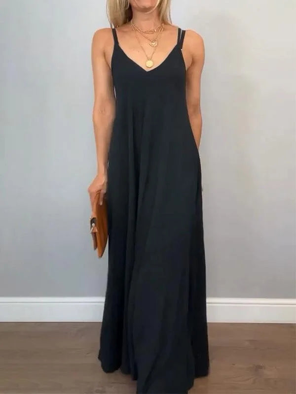 Jolanta - Elegante Vestido De Algodón y Lino Con Cuello En V