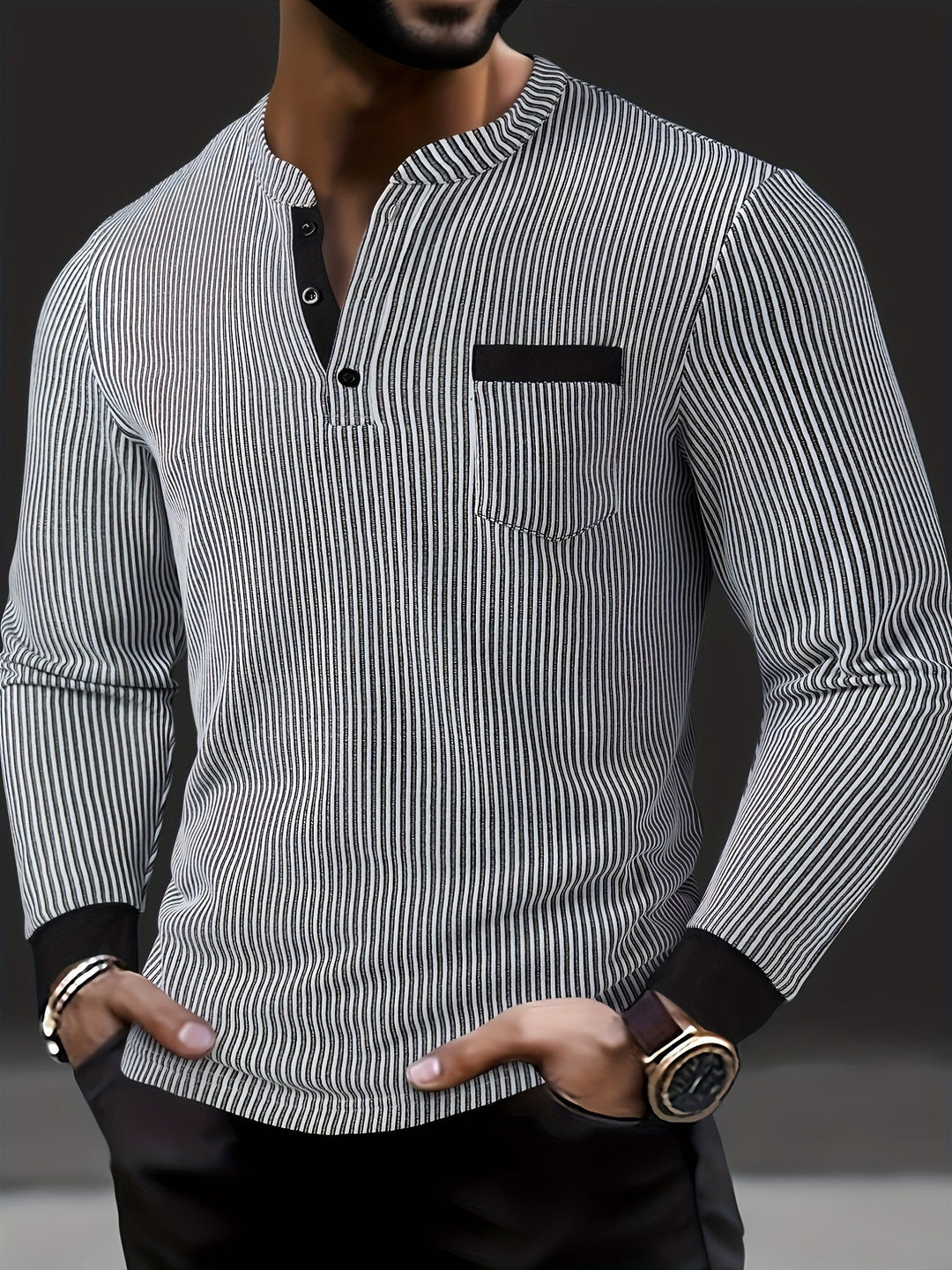Deegan - Camisa Henley De Manga Larga Con Cuello a Rayas Y Textura