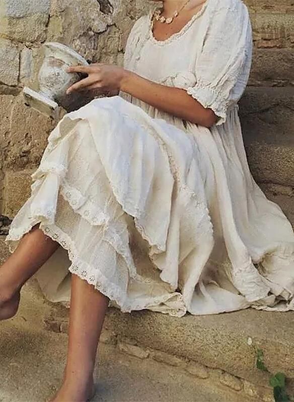 Tannaz - Vestido Cómodo Con Cuello Redondo Y Manga Corta Con Volantes
