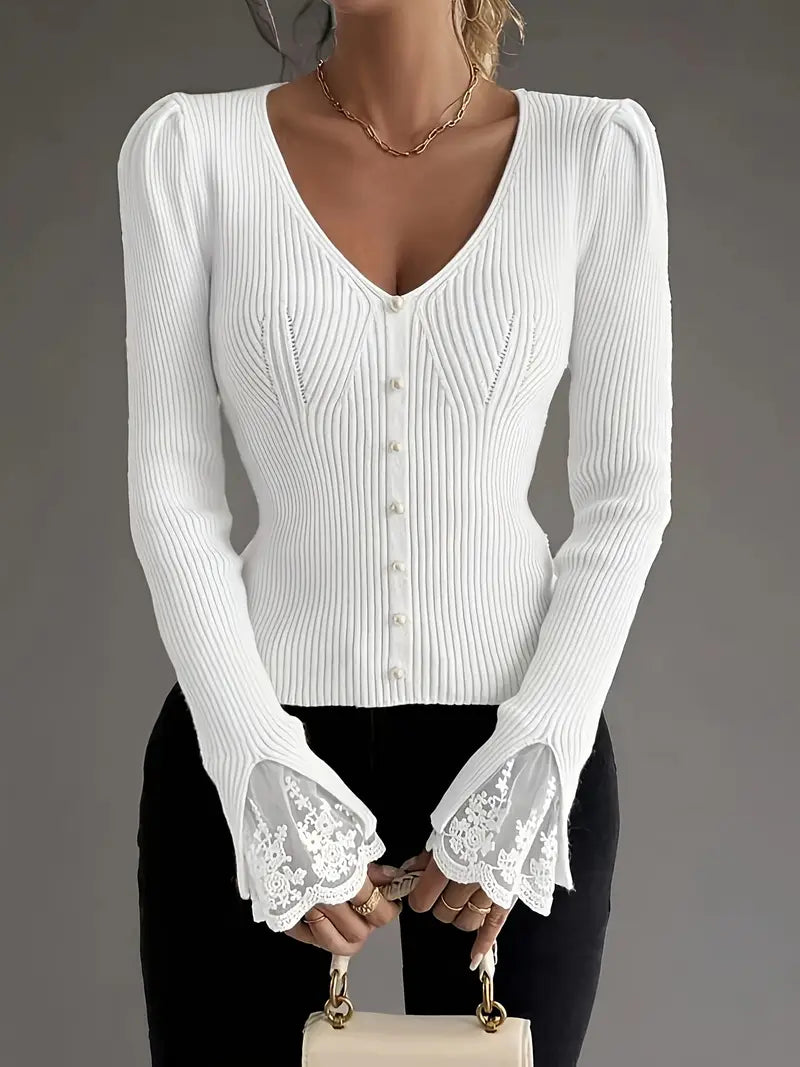 Visenna - Elegante Jersey Con Cuello en V y Mangas De Encaje