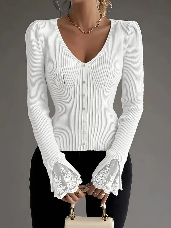 Visenna - Elegante Jersey Con Cuello en V y Mangas De Encaje