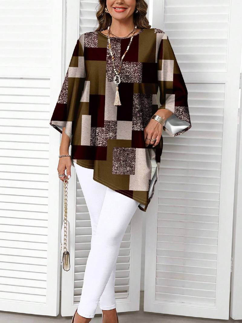 Nurit - Blusa Oversize Estampada a Cuadros Con Manga Corta
