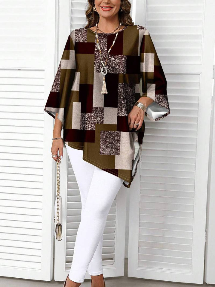 Nurit - Blusa Oversize Estampada a Cuadros Con Manga Corta